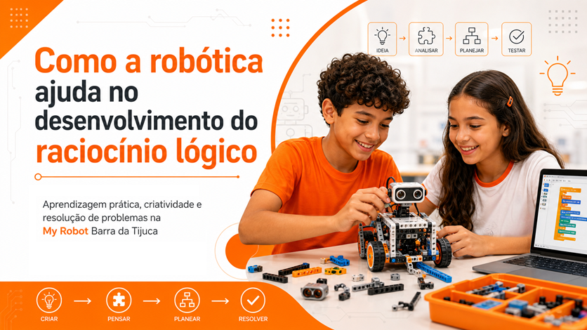 Crianças aprendendo robótica educacional e desenvolvendo raciocínio lógico na My Robot Barra da Tijuca