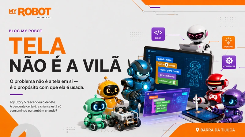 Banner do artigo Tela não é a vilã, sobre uso de tecnologia com propósito na infância.