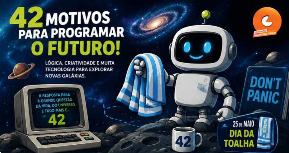 Criança explorando robótica e inteligência artificial em um cenário espacial inspirado no Guia do Mochileiro das Galáxias, com uma toalha, o número 42 e elementos visuais da My Robot School.