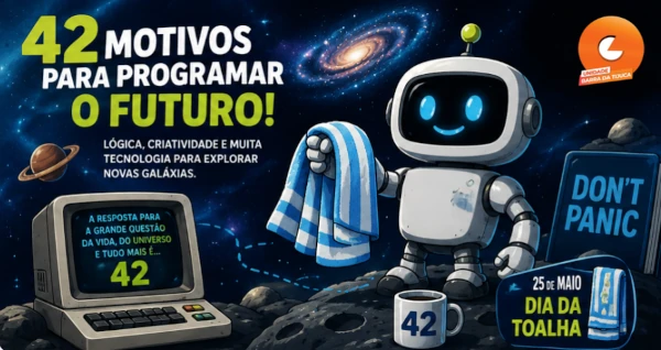 Banner do artigo sobre Guia do Mochileiro das Galáxias e robótica educacional