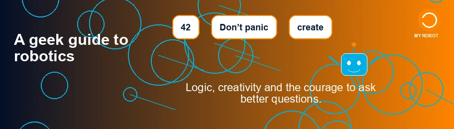Illustrative infographic connecting The Hitchhiker's Guide to the Galaxy, number 42, towel, critical thinking, educational robotics and artificial intelligence.