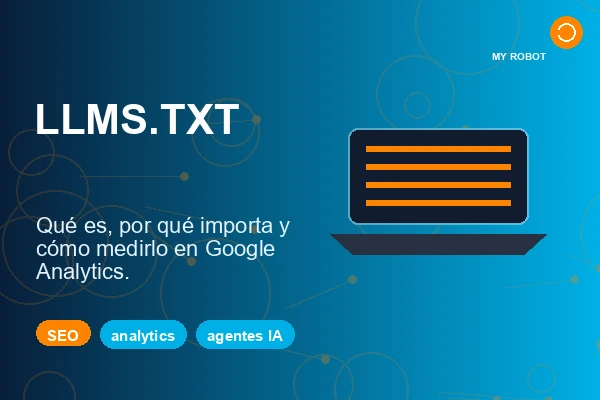 Ilustración sobre llms.txt, SEO técnico y Google Analytics 4