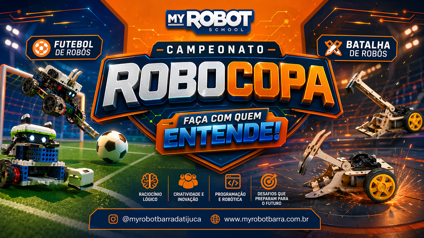 Banner da Robocopa My Robot com futebol de robôs e batalha de robôs